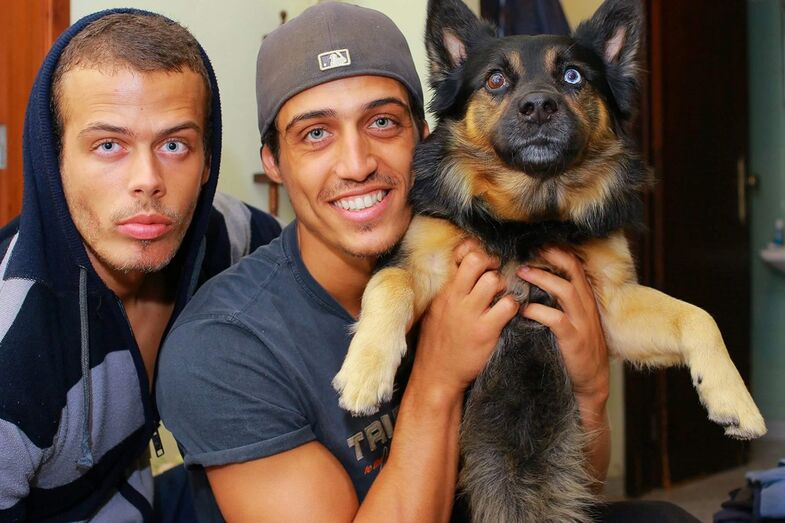 Pedro, ao centro, com o irmão João e o cão da família